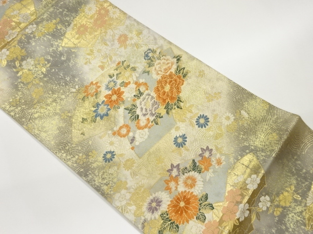 引箔地紙に花々・葉模様織出し袋帯